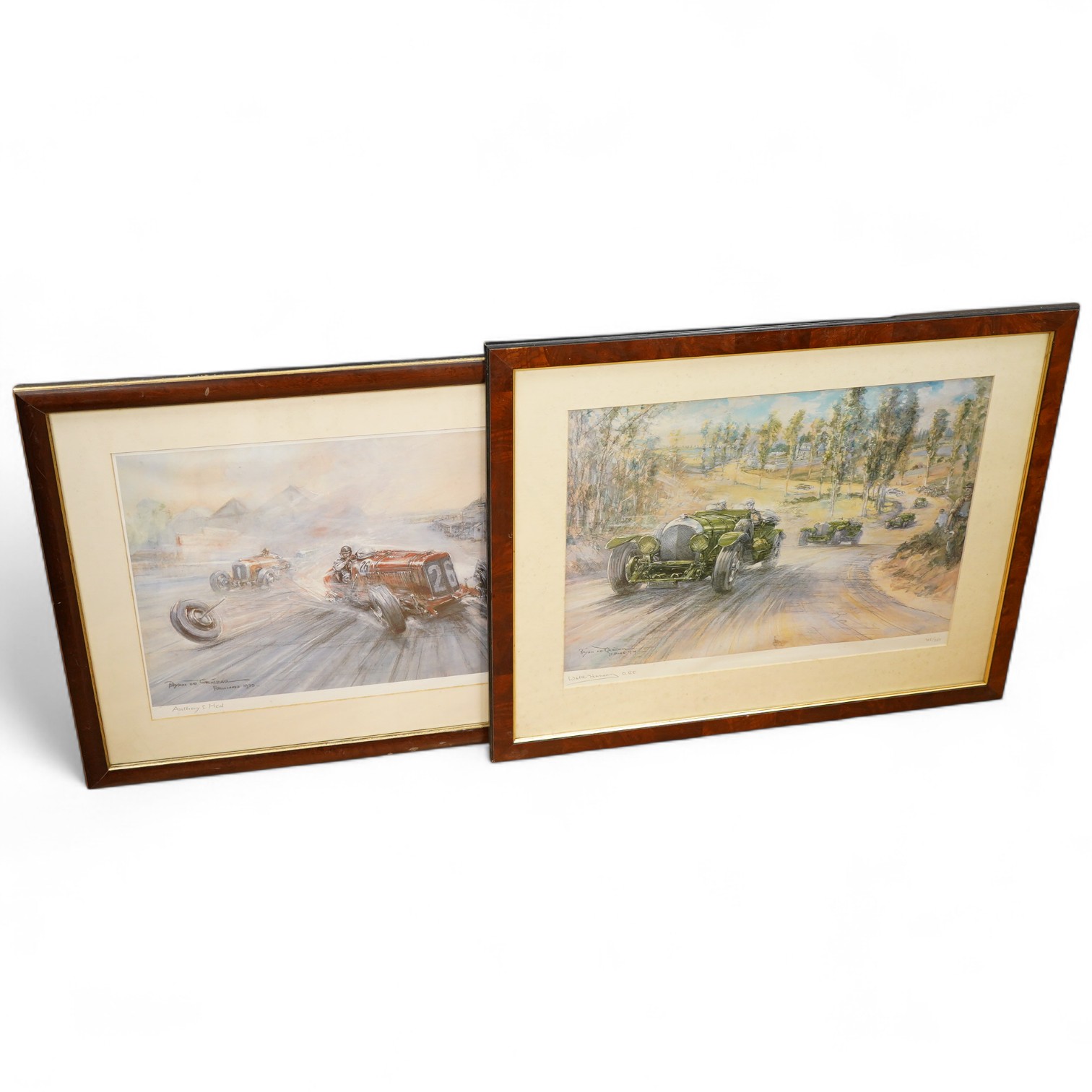 Two framed and signed motor racing lithographs by Anthony Heal and Walter Hassan of Le Mans and Brookslands racing scenes, the largest frame 61.5 x 76cm, together with a folio containing a large number of unframed simila